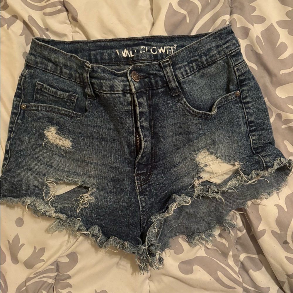 Wallflower Distressed Jean Shorts - Dark Blue